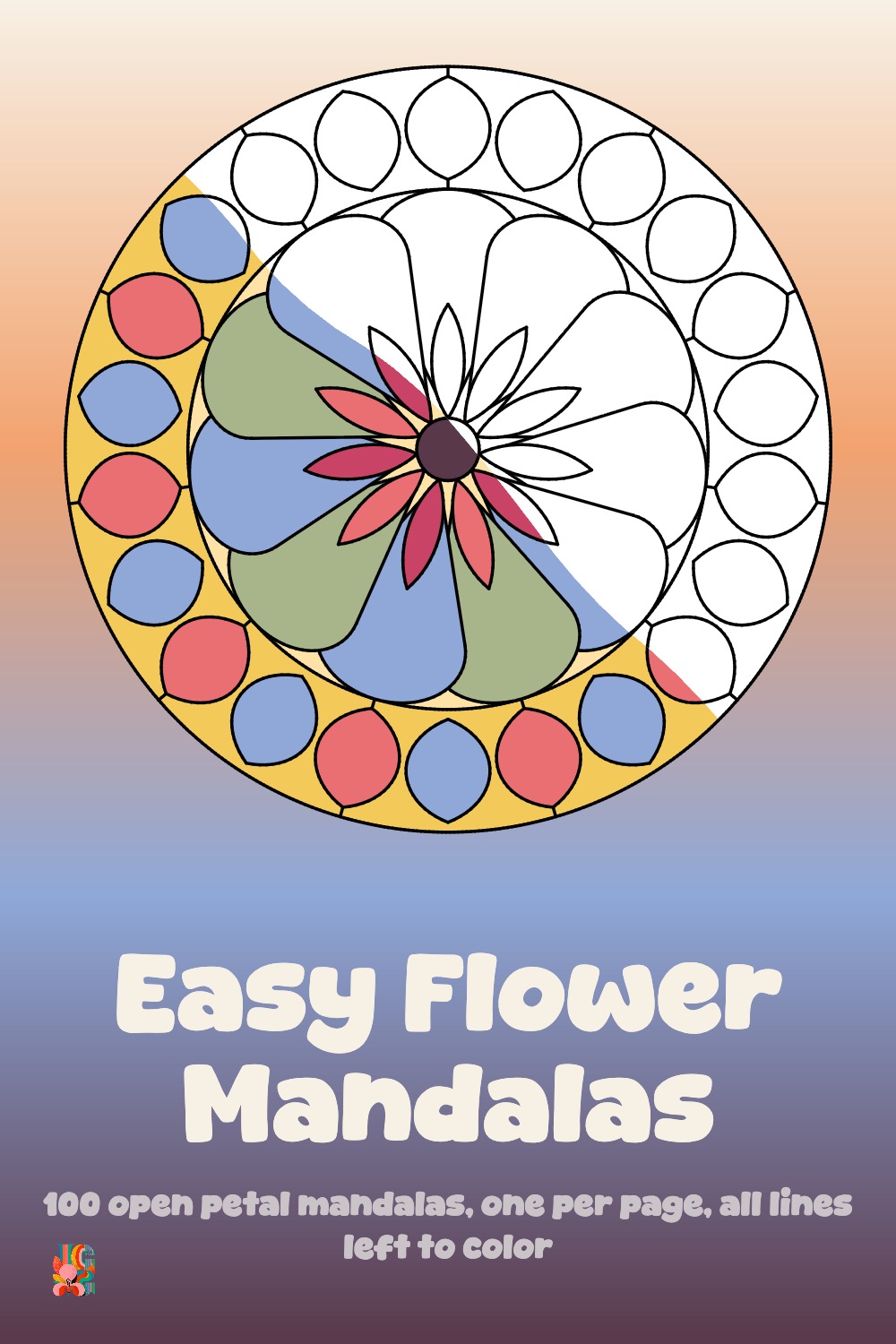 Easy Flower Mandalas: mandala coloring pages, half of one colored in