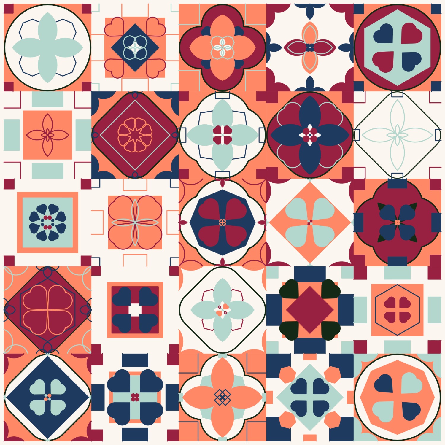 5 by 5 coral navy tiles on one sheet